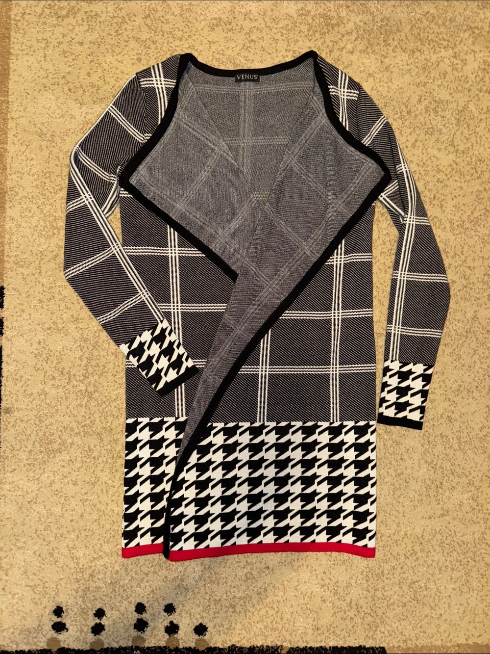 VENUS Black & White Mixed Plaid Houndstooth Open-Front Cardigan with Red Trim